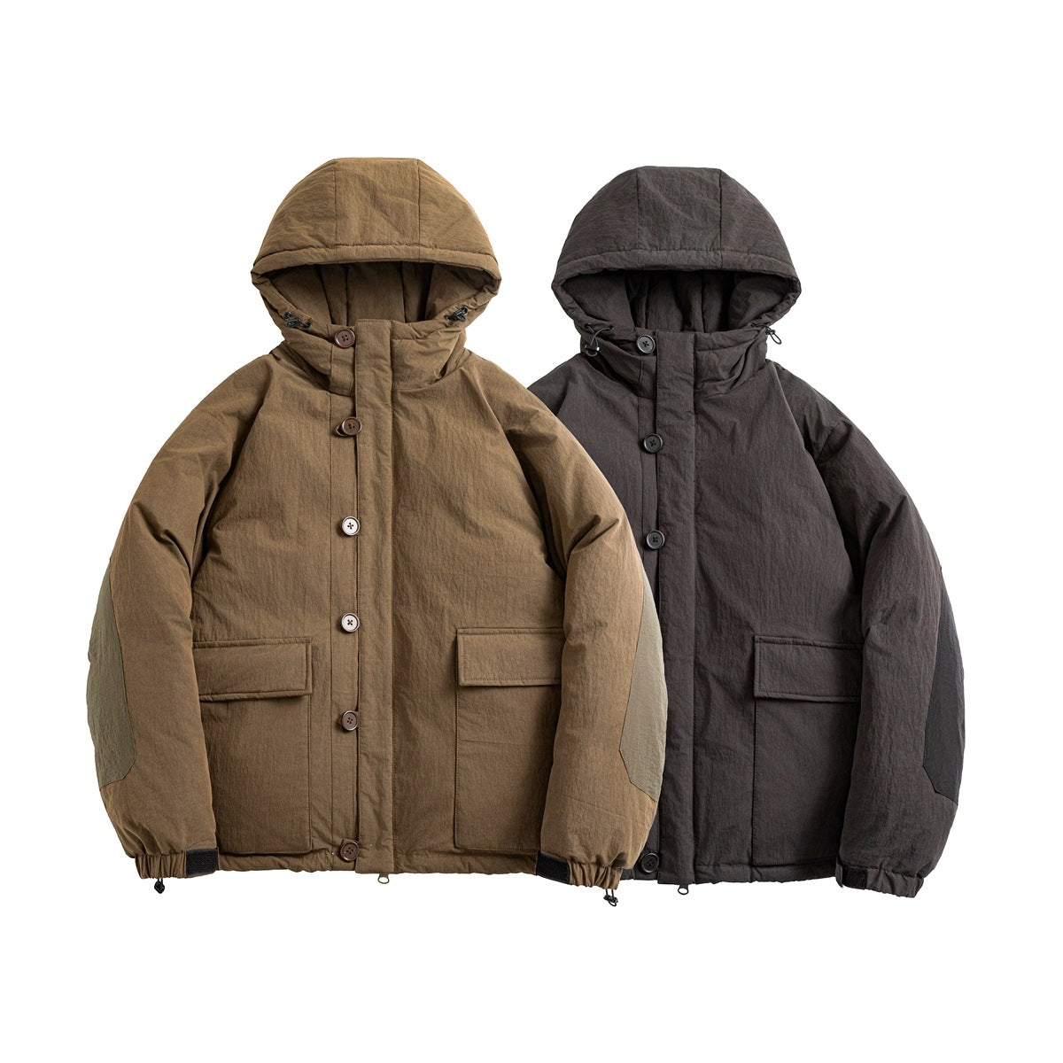 Two hooded jackets shown from the front, one brown and one charcoal, with button closures and flap pockets.