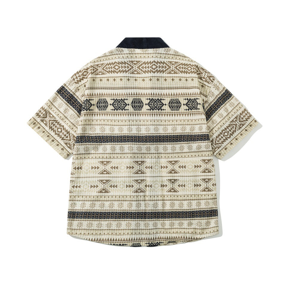 Back view of a cream short-sleeved shirt with brown and navy geometric bands and a dark navy collar.