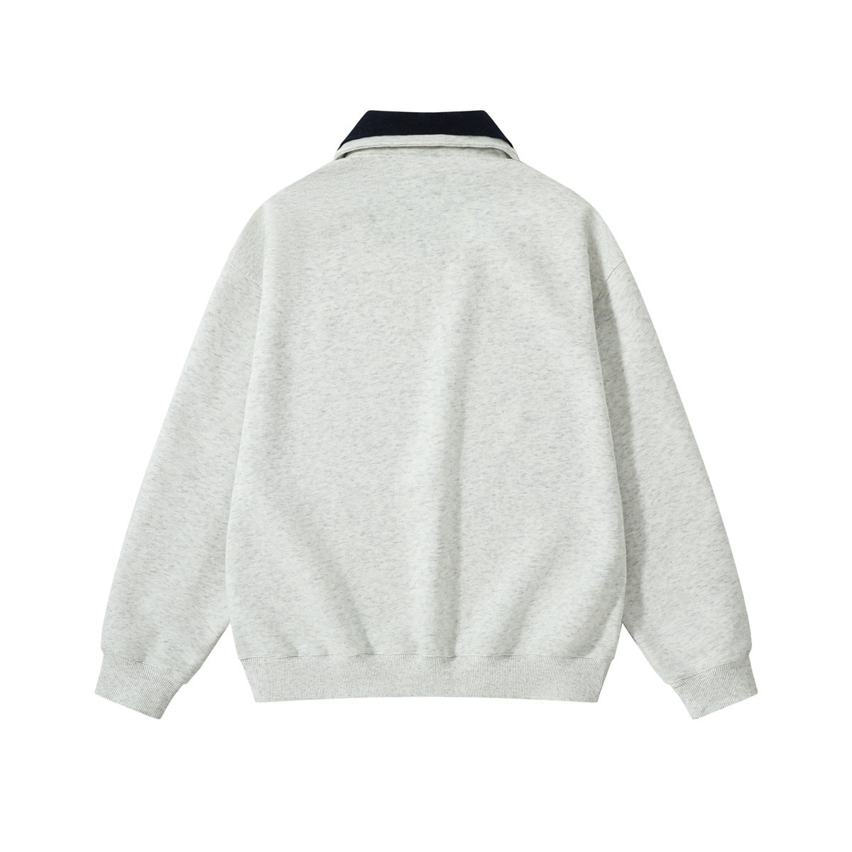 Back view of a light gray pullover with a navy collar and ribbed cuffs and hem.