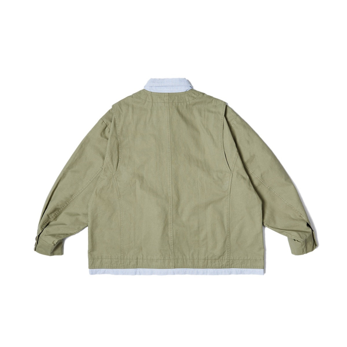 Back view of an olive utility jacket with long sleeves, a striped collar, and striped hem detail.