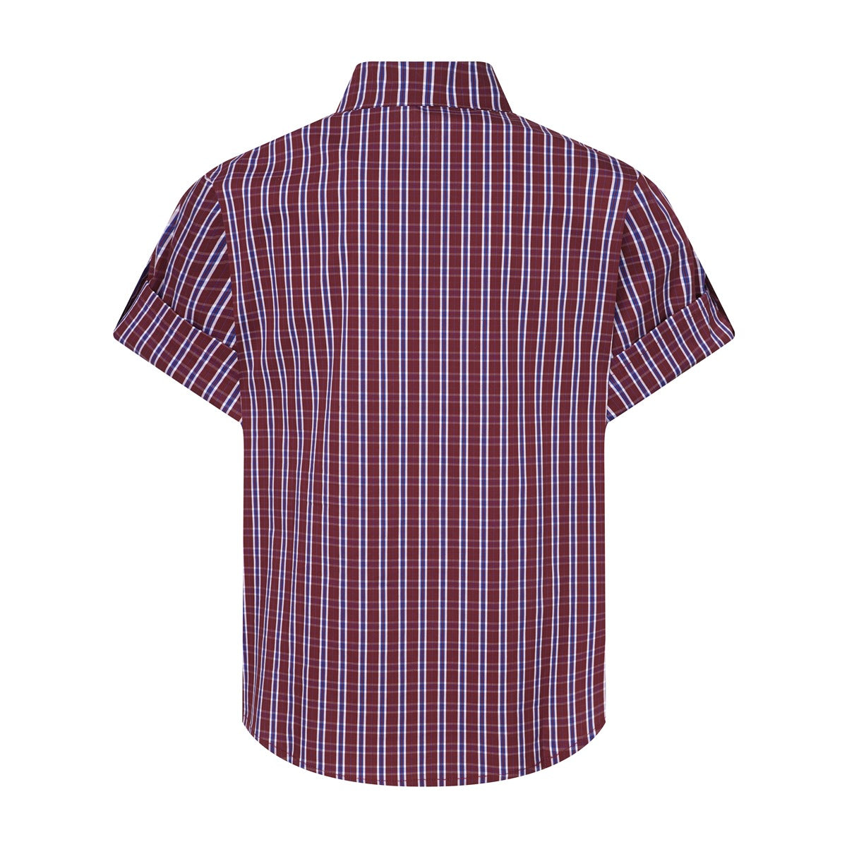Back view of burgundy plaid short-sleeve shirt with collar and rolled-up sleeves