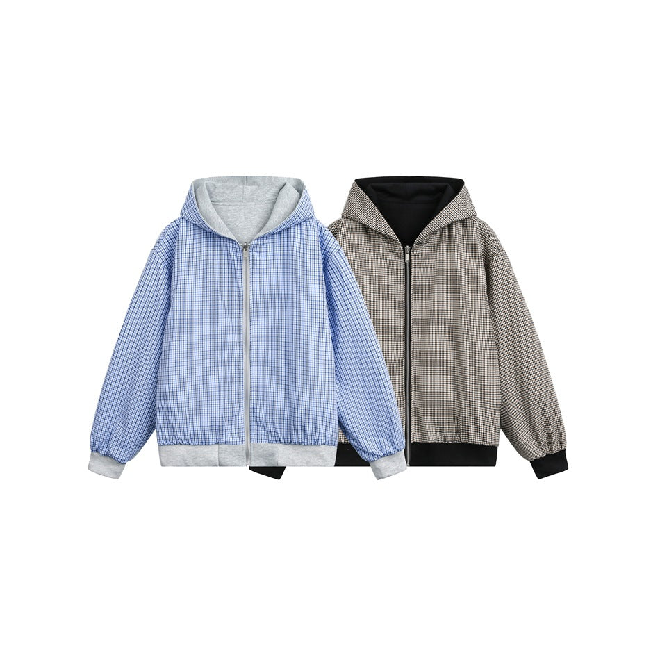 Front view of two zip-up hoodies: blue plaid with gray trim and brown plaid with black trim.