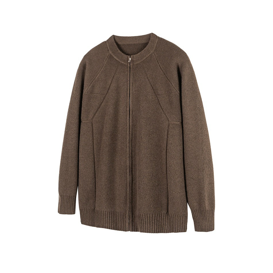 Coffee brown knit zip-front cardigan sweater with raglan sleeves and ribbed trim, slightly angled flat view