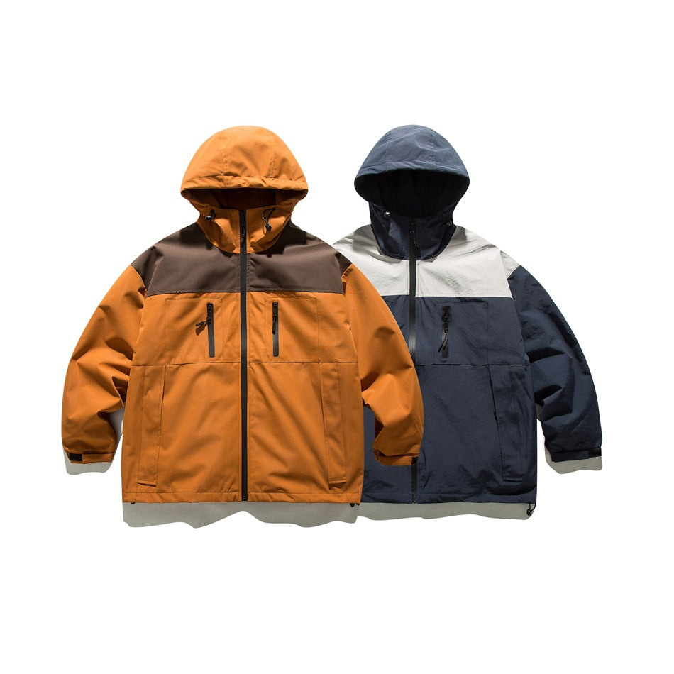 Two hooded colorways shown from the front: orange and brown, and navy with light gray panels.