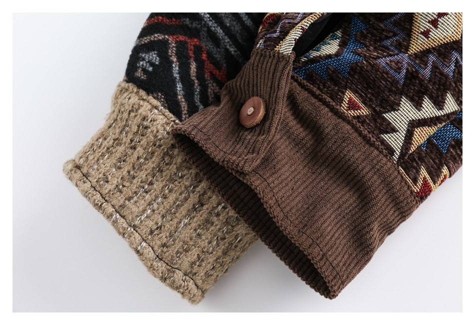 Close-up of a brown ribbed cuff with a button, tan textured panel, and geometric patterned fabric.