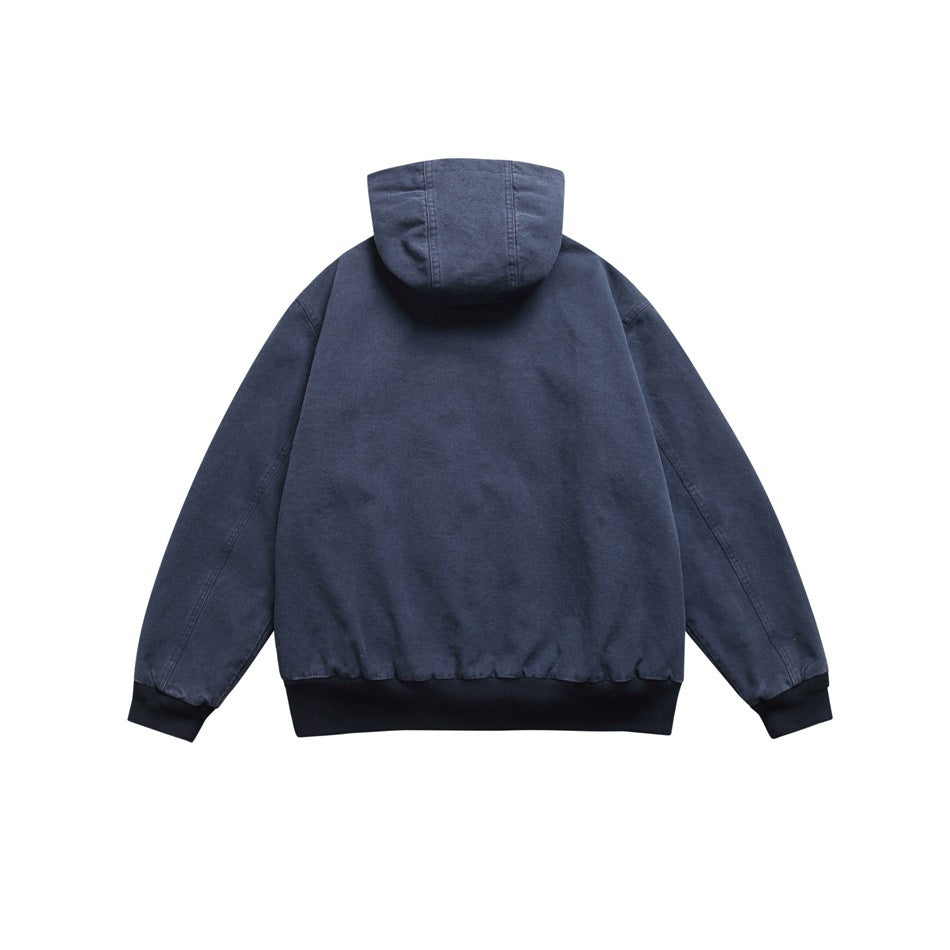 Back view of a dark navy hooded jacket with long sleeves and black ribbed cuffs and hem.