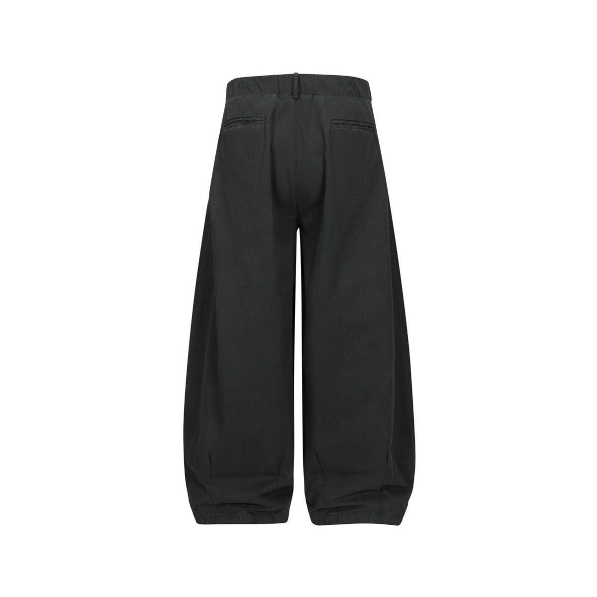 Back view of black wide-leg trousers with a high waistband, two welt pockets, and gathered ankle cuffs.