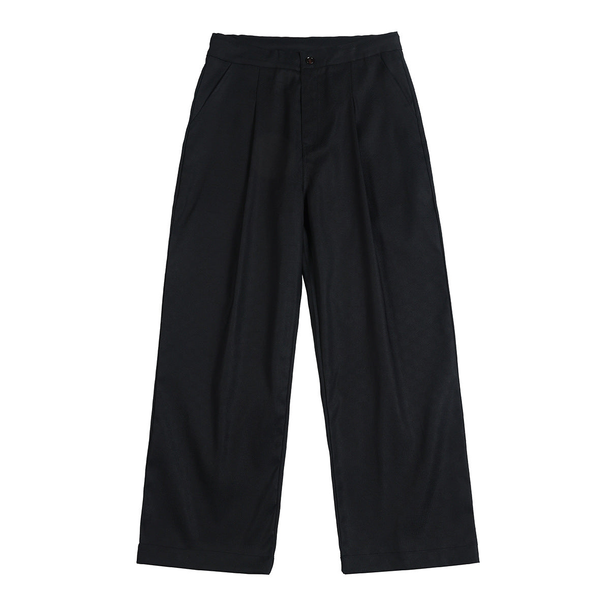 Black wide-leg pleated trousers with button waistband and slanted side pockets, flat lay front view