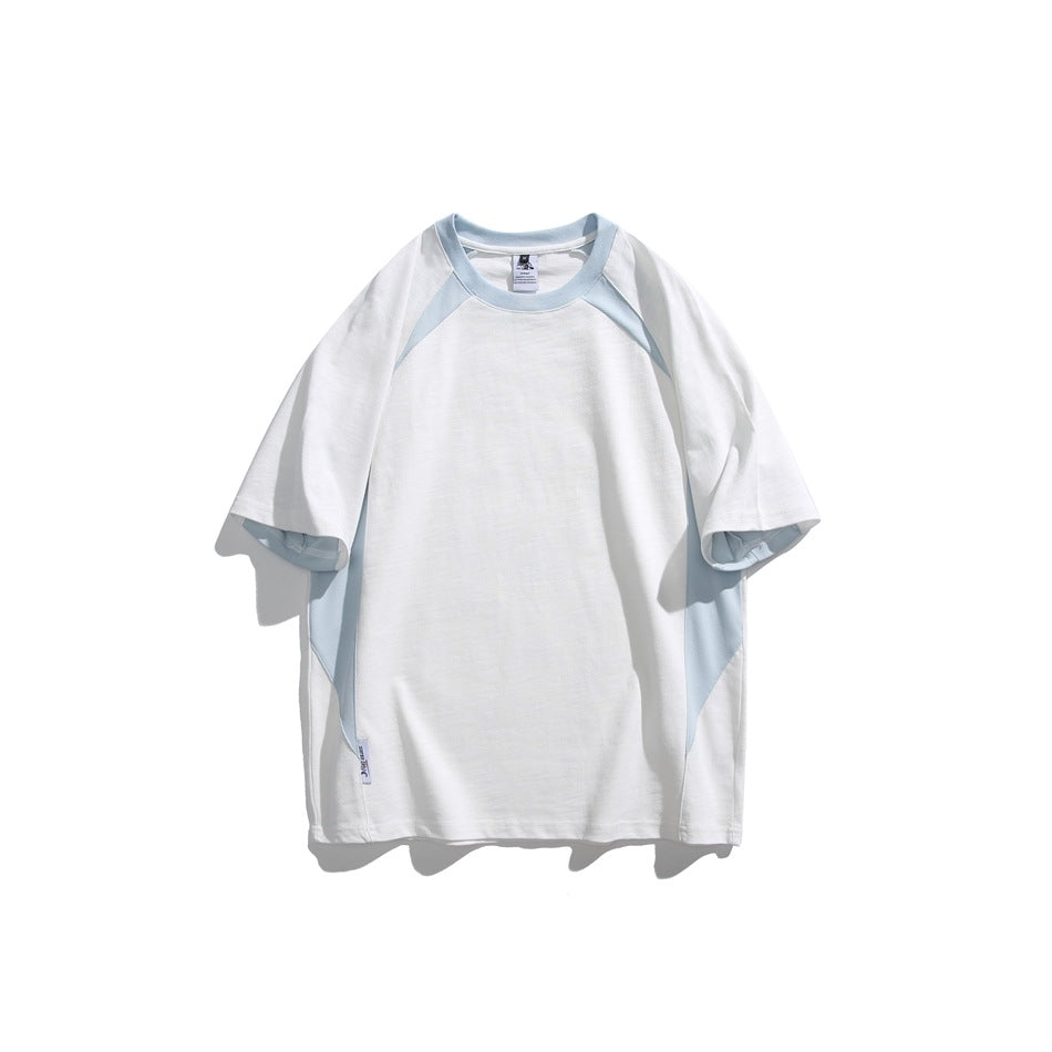 White short-sleeve raglan T-shirt with light blue collar, shoulder and side panels, flat lay front view