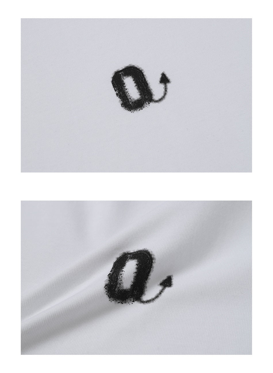 Two close-ups of a small black loop-and-arrow graphic printed on white T-shirt fabric.