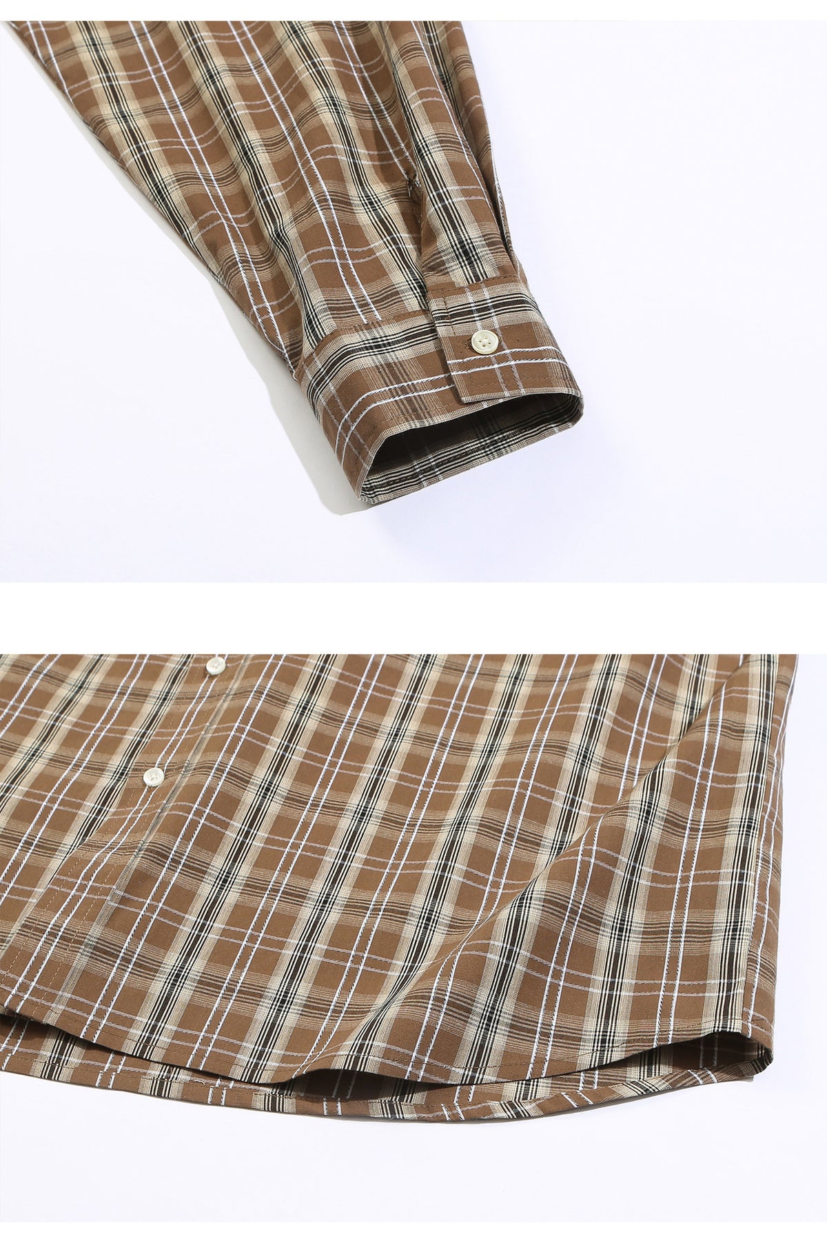 Two close-ups of a brown plaid shirt showing its buttoned cuff and curved hem.