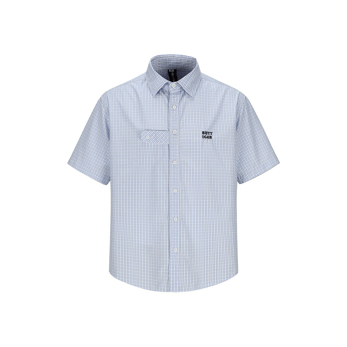 Blue and white plaid short-sleeve button-up shirt, front flat view with chest flap pocket and embroidered logo