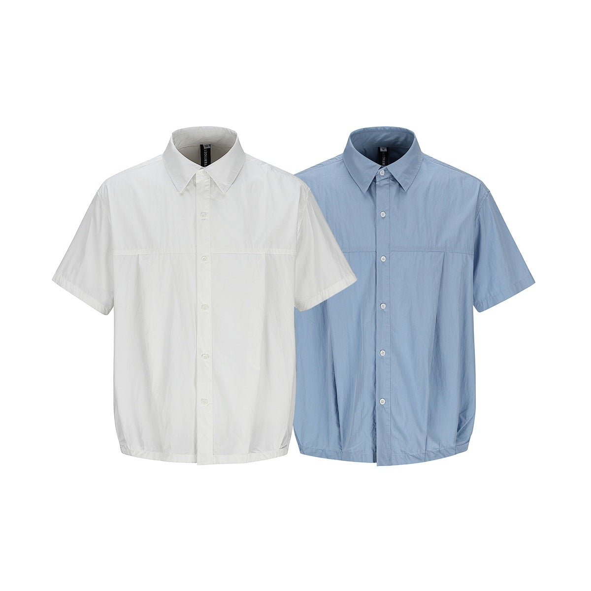 Front view of two short-sleeve button-up shirts, one white and one light blue, with pointed collars and chest seams.