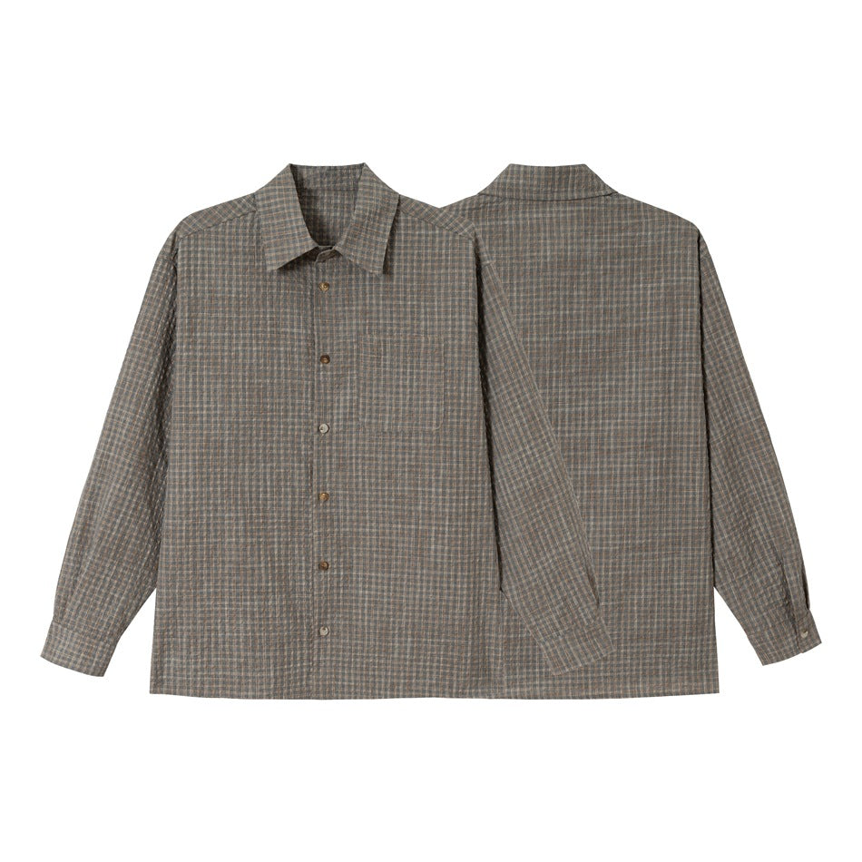 Gray-brown plaid button-up shirt shown from the front and back, with long sleeves and a chest pocket.