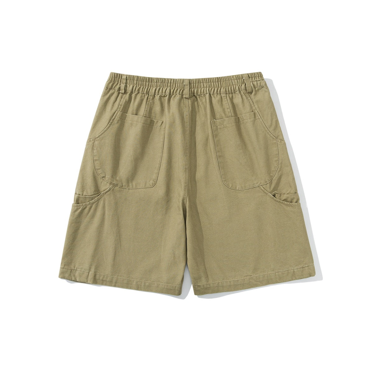 Olive-khaki shorts laid flat, with an elastic waistband, button closure, and multiple large pockets.