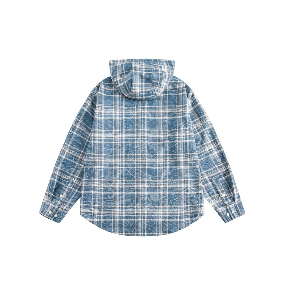 Back view of a blue-and-white plaid hooded shirt jacket displayed flat against a white background.