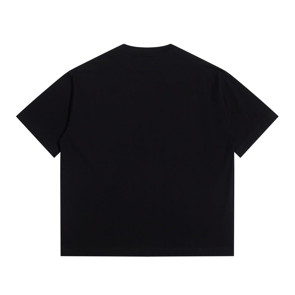 Back view of a plain black short-sleeve crew-neck T-shirt laid flat on white.