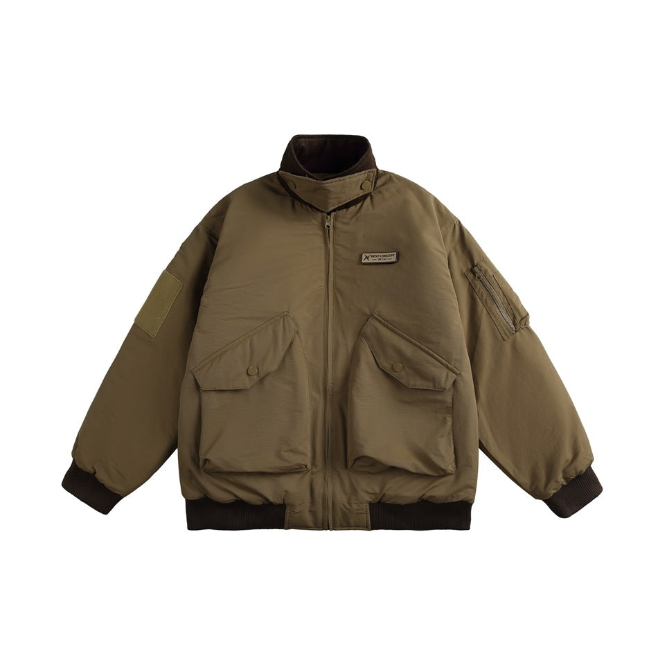 Front view of a khaki bomber jacket with a stand collar, zip front, two flap pockets, sleeve pocket, and ribbed trim.
