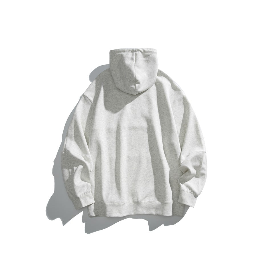 Back view of a light gray hooded sweatshirt displayed against a white background.