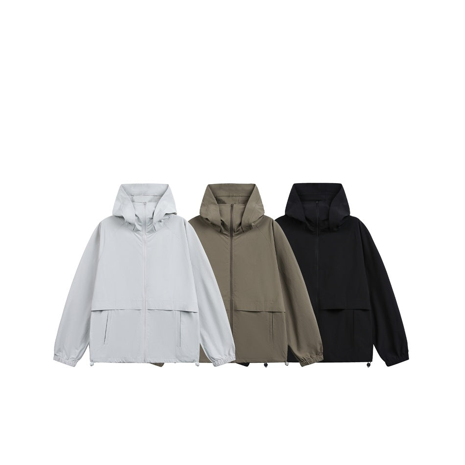 Three hooded zip jackets shown side by side in light gray, taupe, and black.