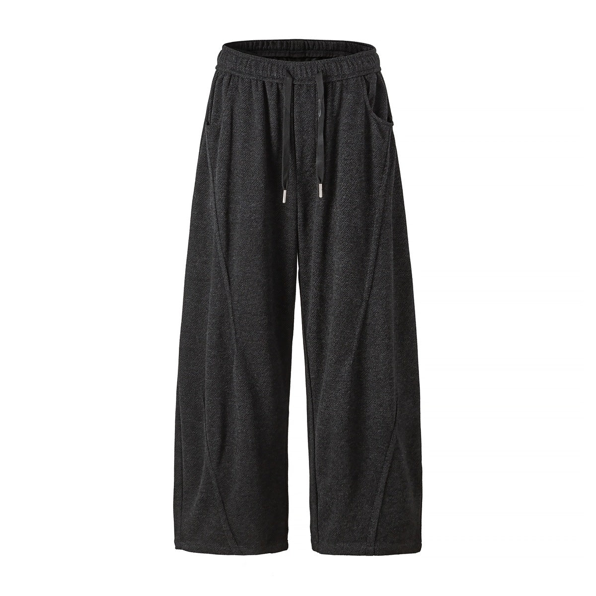 Charcoal black wide-leg drawstring pants with elastic waist and side pockets, flat front view