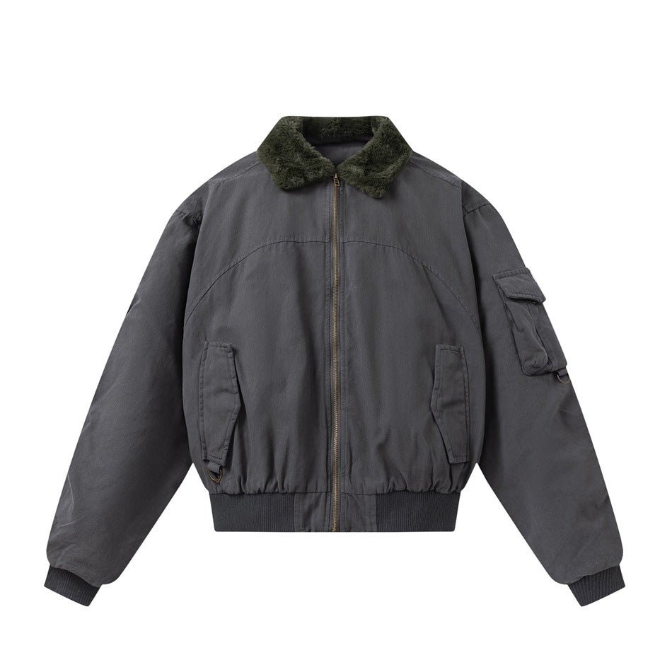 Dark gray zip-front bomber jacket with dark green plush collar, ribbed hem and cuffs, flap pockets and sleeve pocket