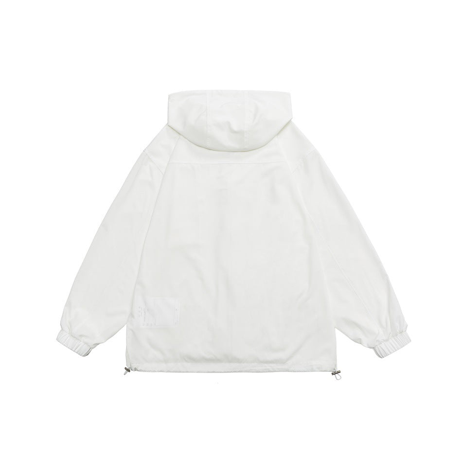 White hooded jacket laid flat, back view with elastic cuffs, drawcord hem and small rectangular patch