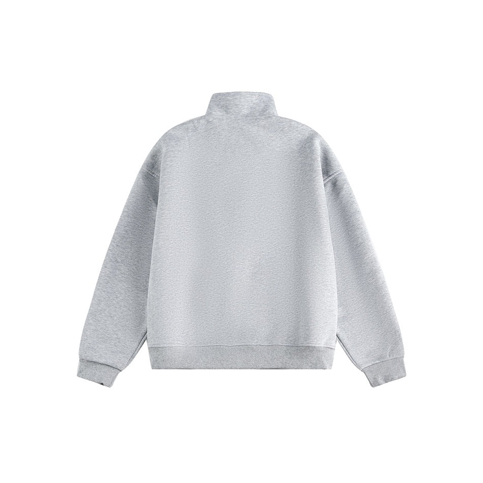 Back view of a light gray zip-up jacket with a stand collar, long sleeves, and ribbed cuffs and hem.