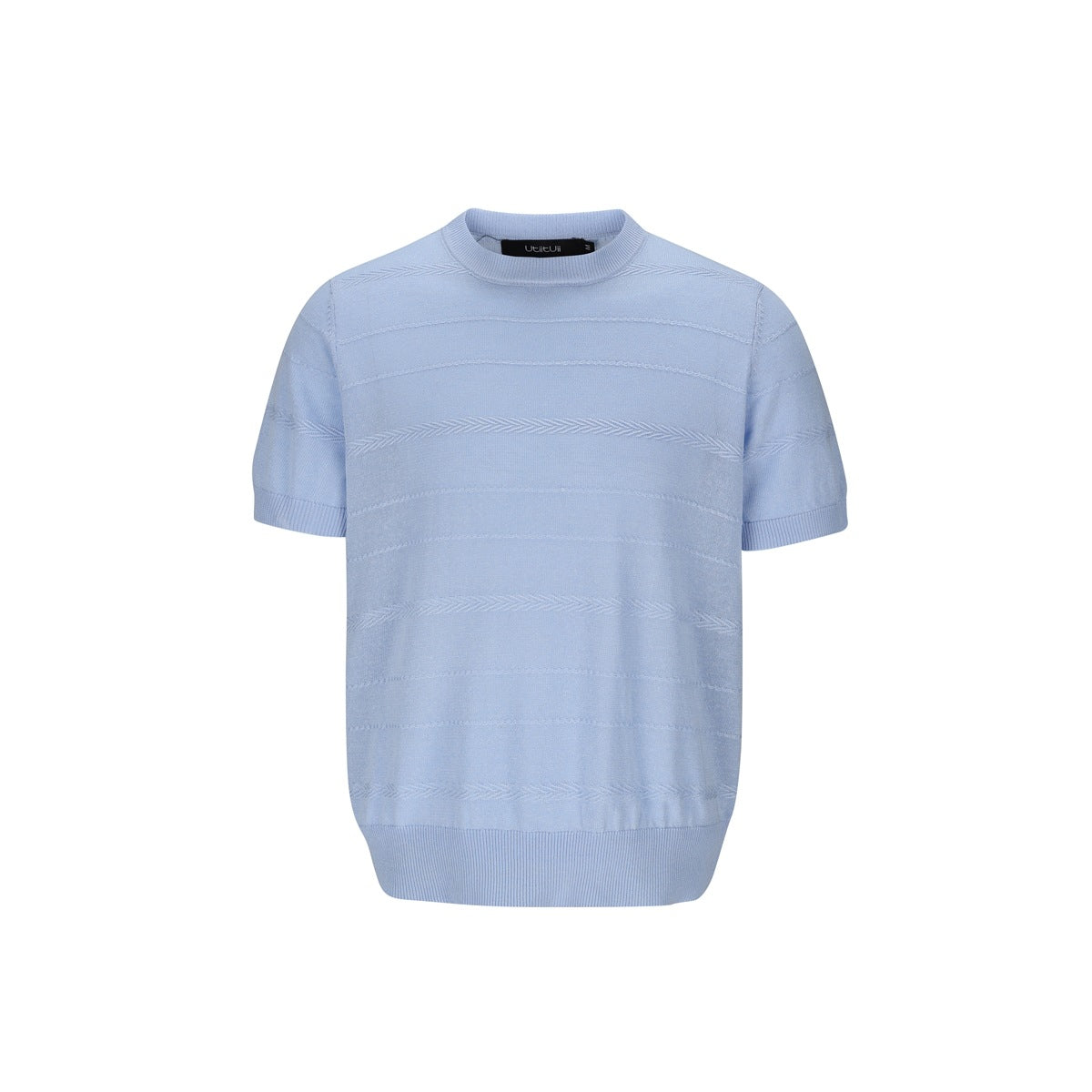 Light blue short-sleeve knit crew-neck top with horizontal textured stripes and ribbed hem, flat front view