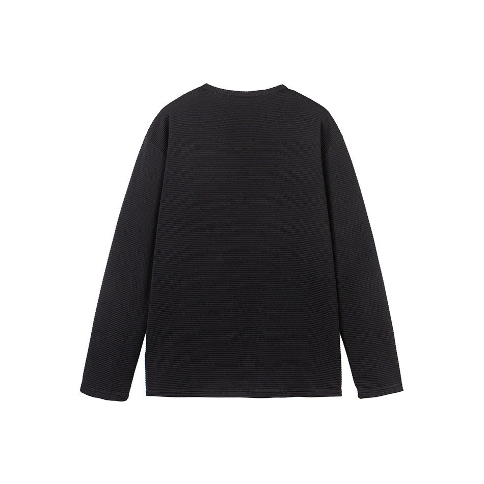 Back view of a black long-sleeve shirt with fine horizontal ribbing, shown flat against a white background.