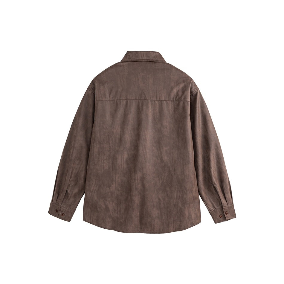 Back view of a brown long-sleeve shirt jacket with a yoke seam and buttoned cuffs.