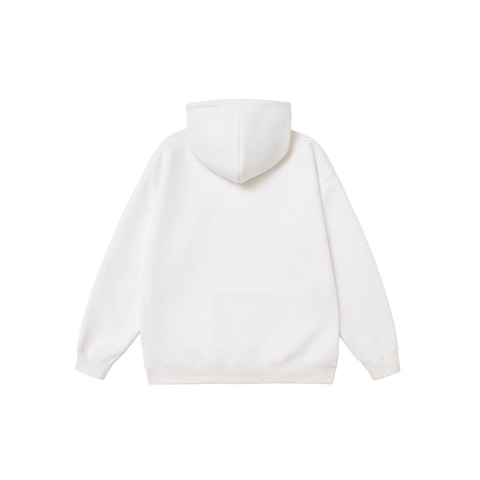 Back view of a plain white hoodie with hood, drop shoulders and ribbed cuffs and hem