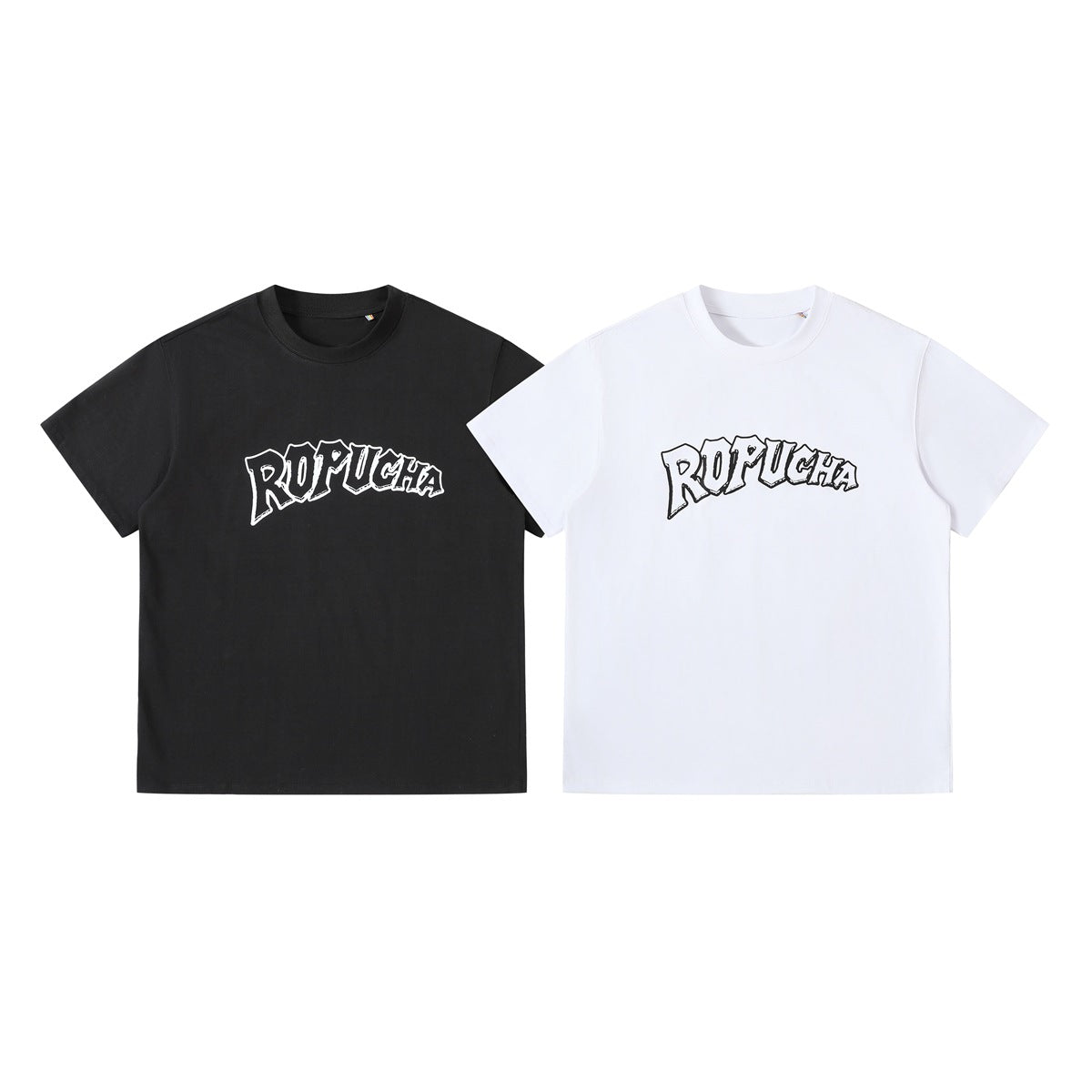 Black and white short-sleeve crew-neck T-shirts shown from the front, each with a centered outlined graphic.