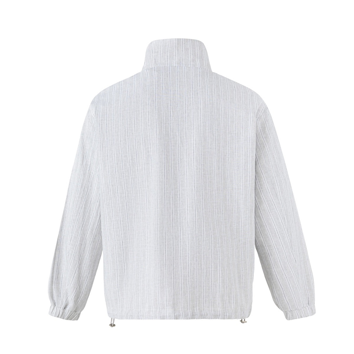 Back view of a light gray pinstriped jacket with a stand collar and gathered cuffs and hem.