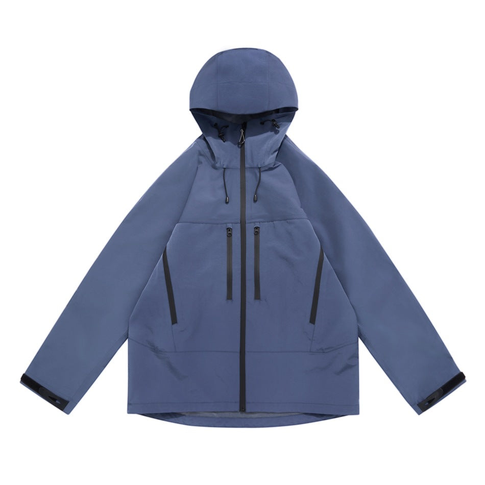 Dark blue hooded zip-front jacket flat lay with chest zip pockets and black cuff tabs