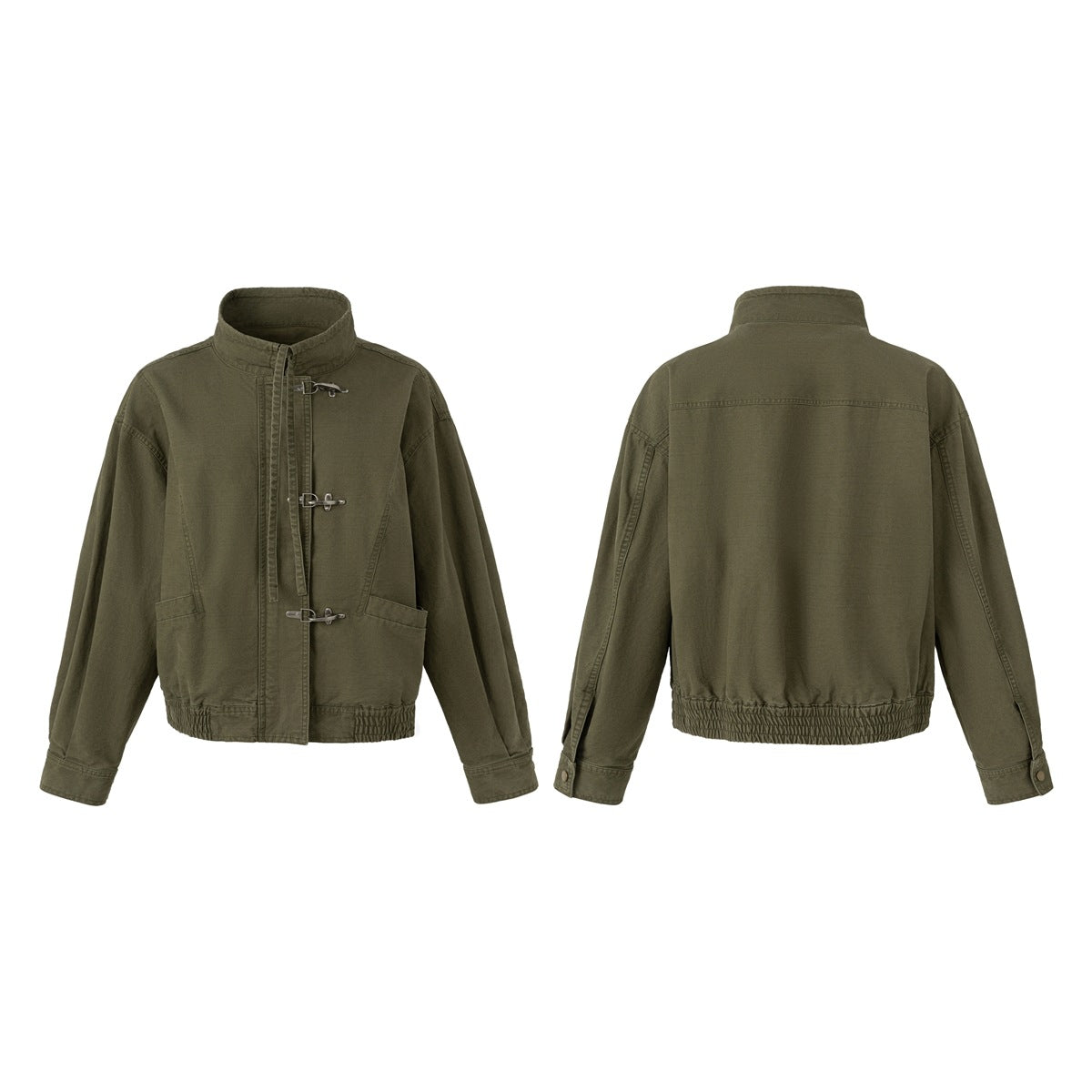 Olive jacket shown from the front and back, with a stand collar, silver hook closures, large pockets, and an elasticized hem.