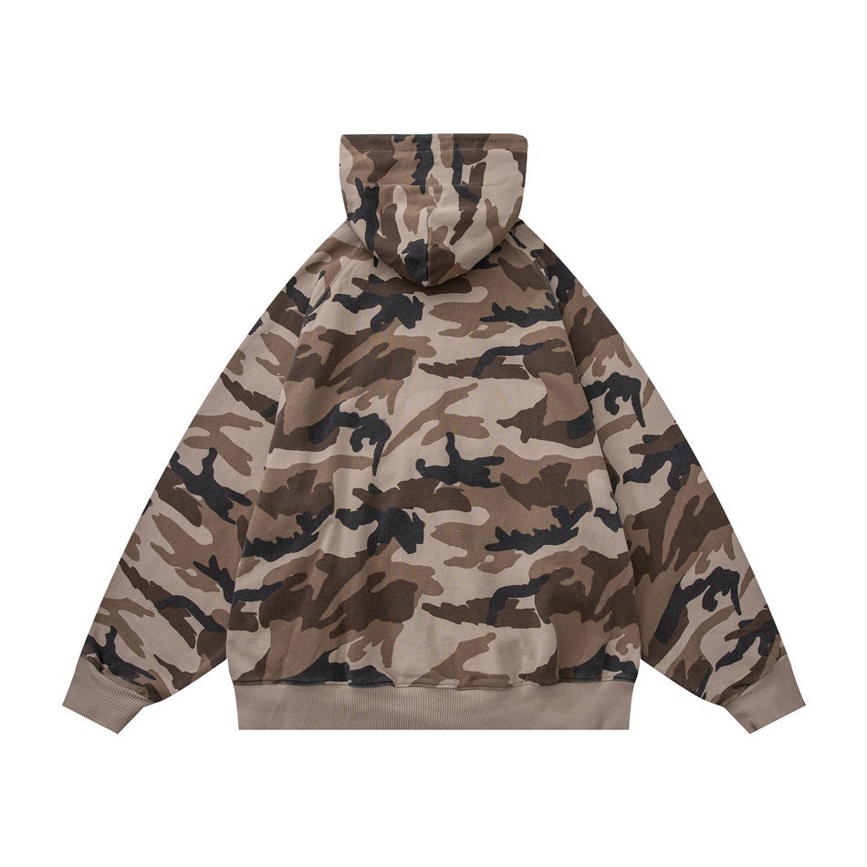 Back view of a light apricot and brown camouflage hooded jacket with raglan sleeves and ribbed cuffs and hem