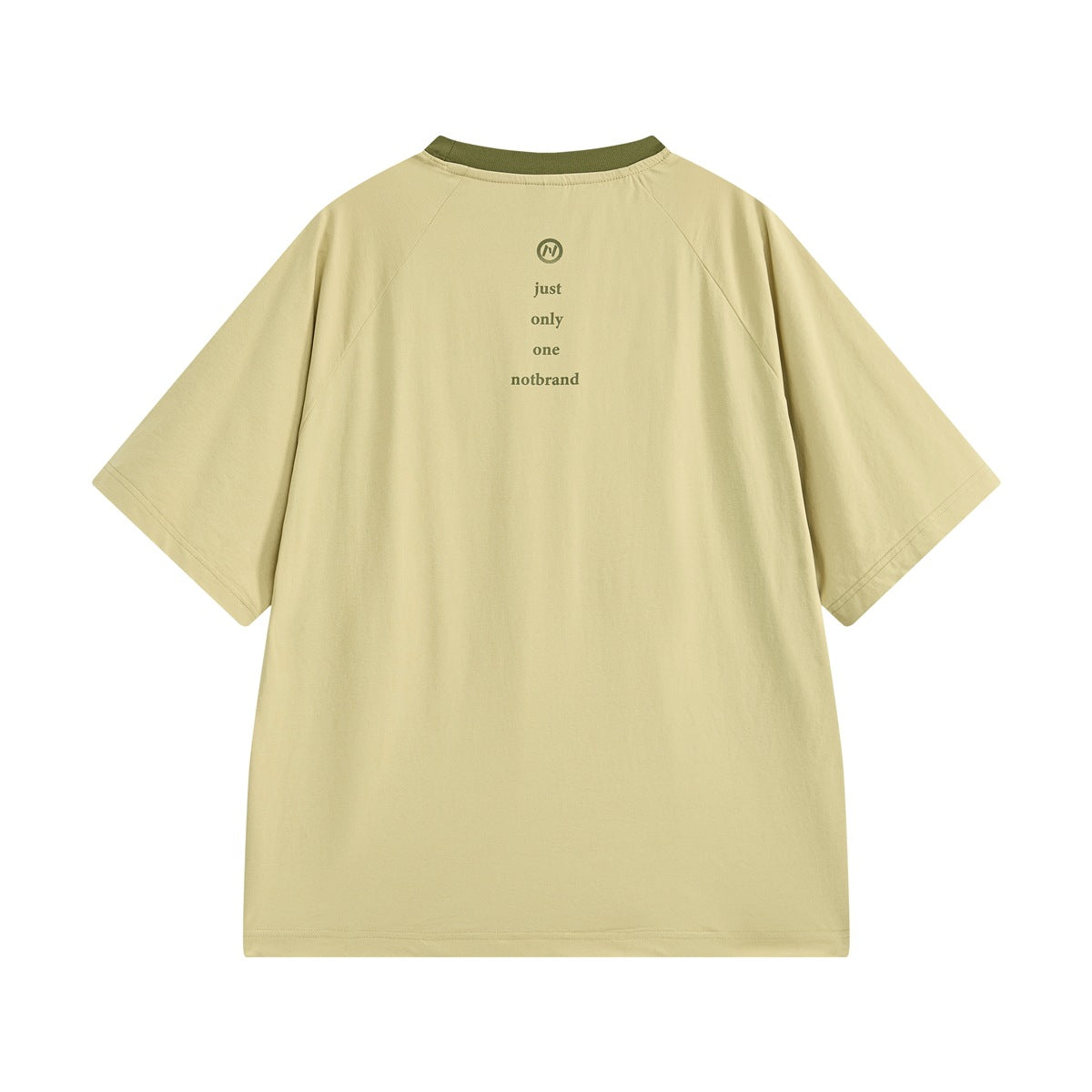 Yellow short-sleeve raglan T-shirt back view with olive neckband and small printed text and logo on the upper back