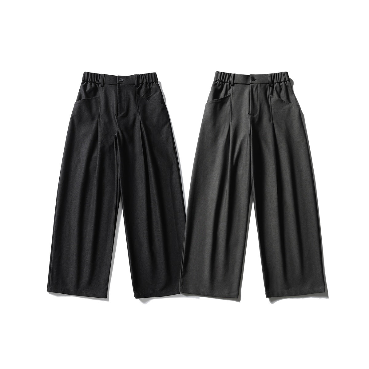 Two pairs of wide-leg trousers shown from the front in black and charcoal gray.