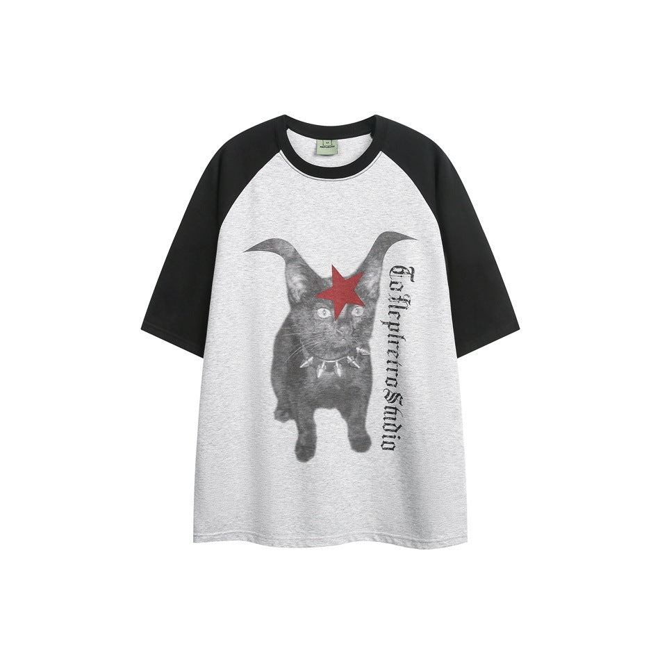 Black and gray raglan T-shirt with a horned-ear cat and red star graphic on the front