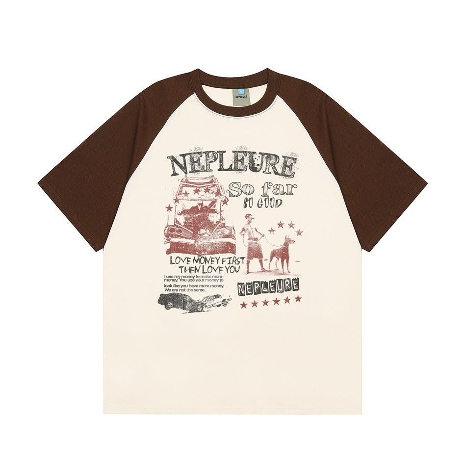 Apricot raglan T-shirt with brown sleeves and collar and a vintage car and dog graphic on the front