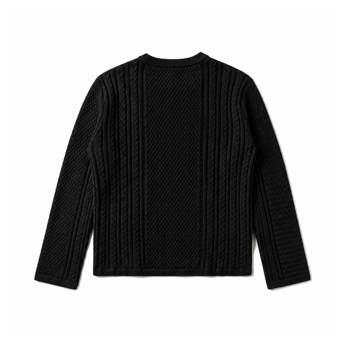 Black sweater shown from the back, with vertical cable and textured knit panels and ribbed edges.