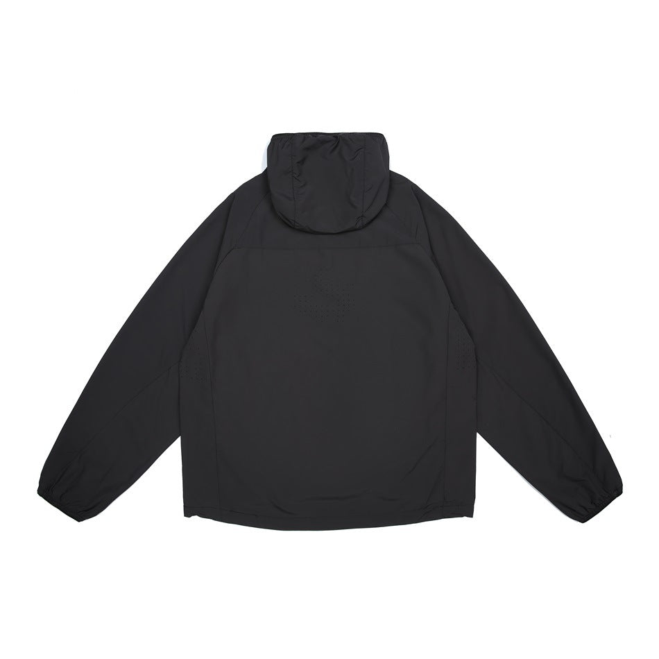Back view of a black hooded jacket laid flat, with long sleeves, elastic cuffs, and perforated ventilation panels.