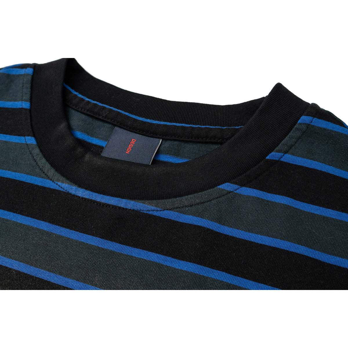 Close-up of a black ribbed crew neck and dark charcoal fabric with bright blue horizontal stripes; inner label reads