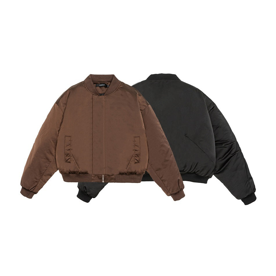 Brown jacket shown from the front alongside the black colorway shown from the back.