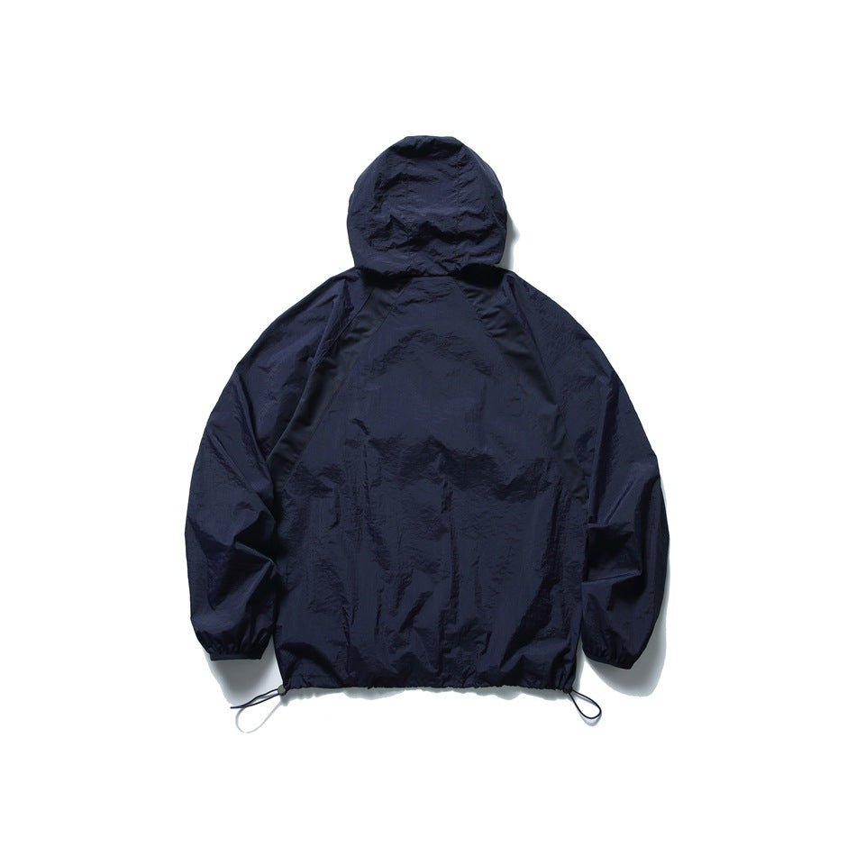 Back view of a navy hooded jacket laid flat on a white background, with an adjustable drawcord hem.