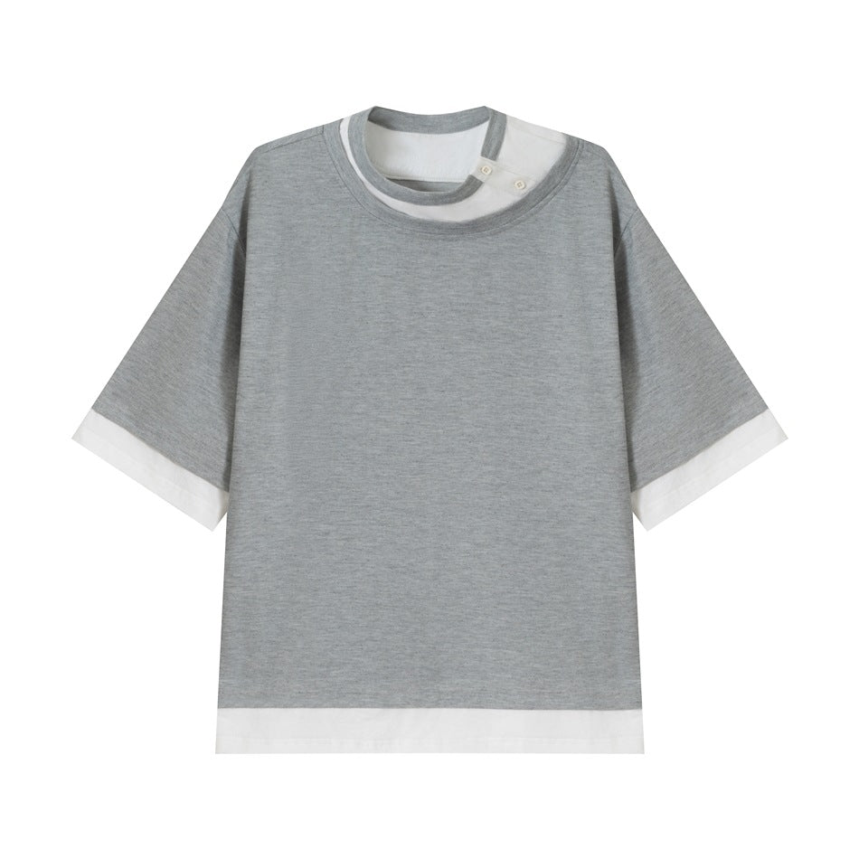 Gray short-sleeve tee with white layered collar, buttons, and white trim at sleeves and hem, front view