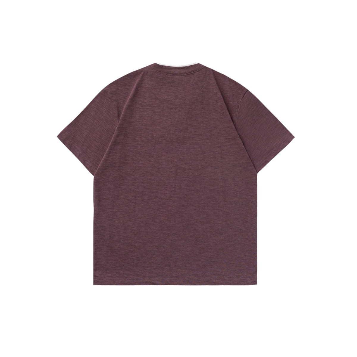 Back view of a plain short-sleeve T-shirt in dark burgundy, shown flat against a white background.
