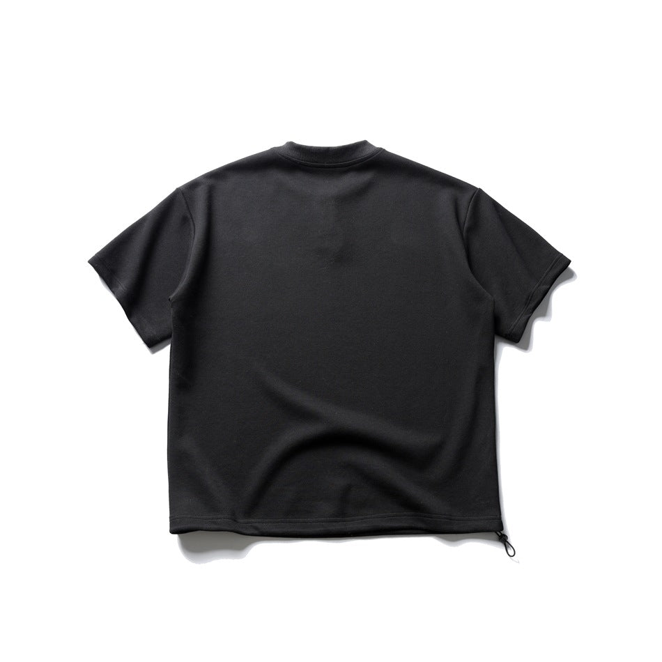 Black short-sleeve tee back view with ribbed crew neckline and a hem drawcord toggle, flat lay