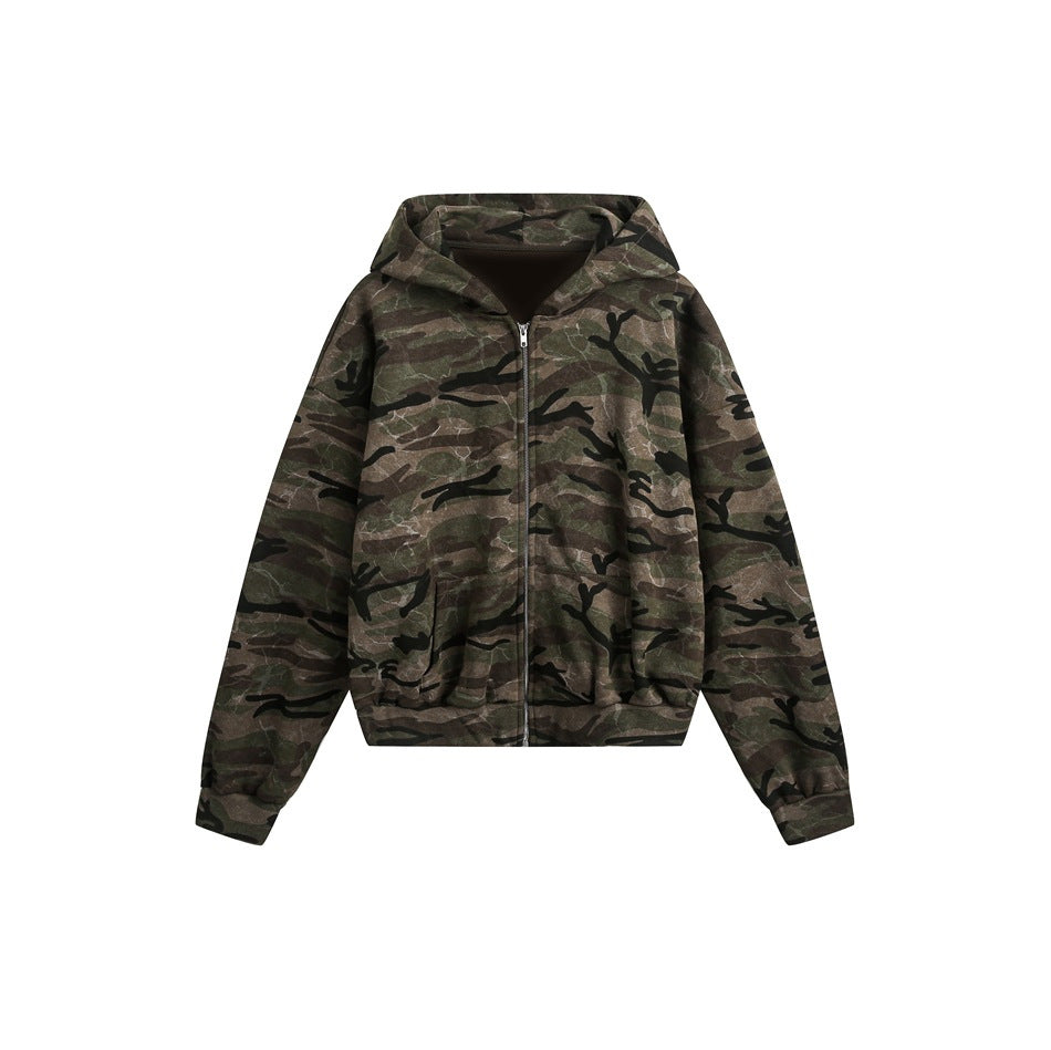 Camouflage zip-up hooded jacket in green, brown and black, flat front view with pocket and ribbed cuffs